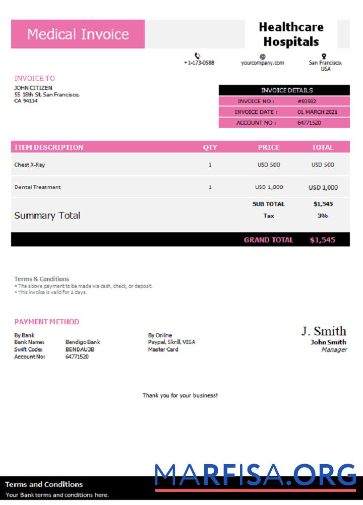 Blank USA Healthcare Hospitals invoice example